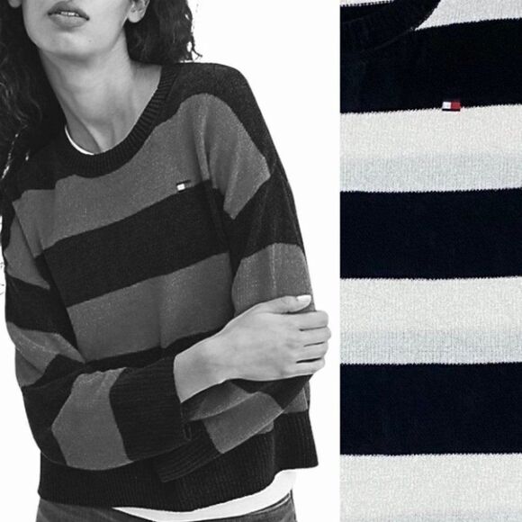 TOMMY HILFIGER RUGBY‎ STRIPE CHENILLE SWEATER WINTER LAYER COMFY SOFT LOUNGE - Picture 1 of 7
